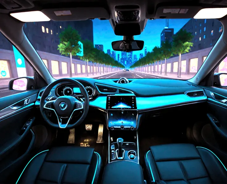 arafed view of a car with a dashboard and a view of a city, inside of a car, interior background, full view of a car, wide fov, a hyper realistic, hyper detailed scene, hyper-realistic, hyper - realistic, highly detailed environment, inside a grand, luxury...