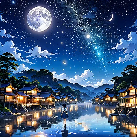 A highly condensed beauty dressed in a painting of stars and moons in the river and sky, concept art inspired by Tosa Mitsuoki, pixiv competition winner, best quality, fantasy art, beautiful anime scenes, a round of bright moon, starry sky environment in t...