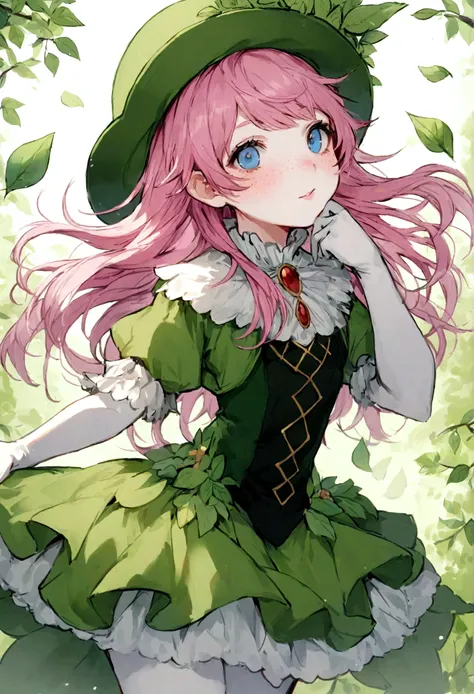 Prilla is a fairy from Neverland with white skin, blue eyes, and freckles on her cheeks. She is 20 years old. Her dress is pink with a short skirt with green leaves. She has a green hat made of green leaves. Her hair is burgundy. 