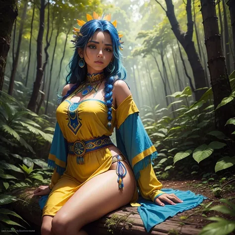 A blue hair latin beauty shaman lady wearing a yellow tunic, forest background