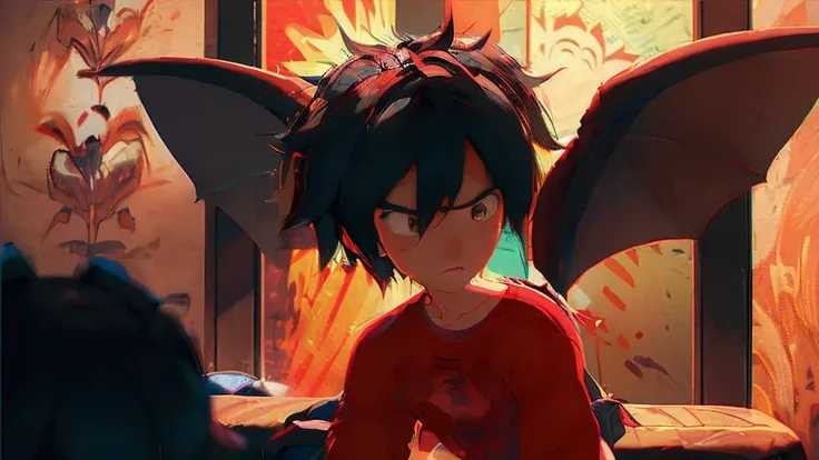 a young boy with devil-like wings is wearing a hero suit,mouth wide open with expression of pain,sweating and drooling profusely...