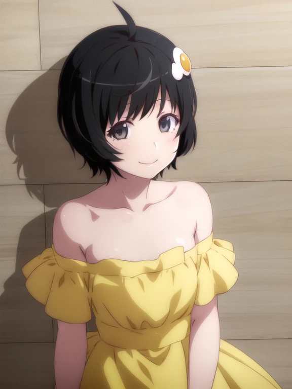 1girl, solo,
araragitsukihi, short hair,
hair ornament, ahoge, egg hair ornament,
strapless dress,
 smile, upper body shot,
 