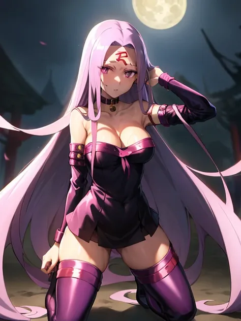 Best Quality, (masutepiece:1.2), Highly detailed,
Fate/Stay in the background, fullmoon、
Medusa_nffsw,
1girl in, Solo,, Looking at the viewer, absurdly long hair, Purple hair, Floating hair,Dress, Short dress, thighs thighs thighs thighs, Strapless,  Detac...