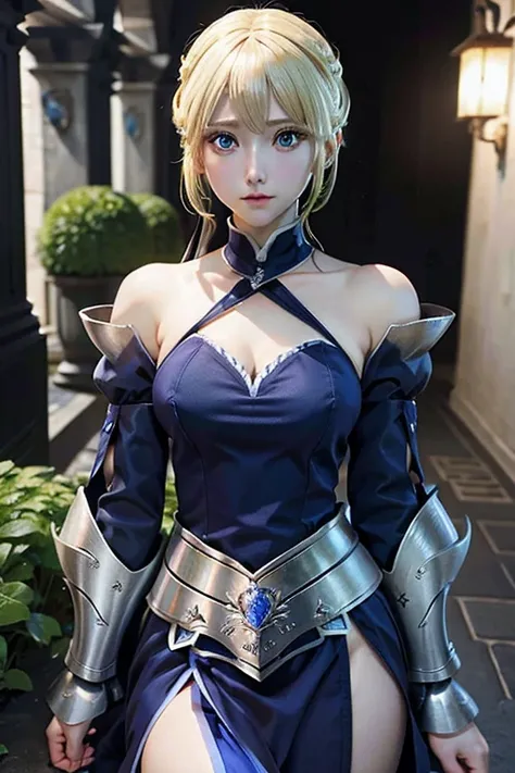 artoria pendragon de fate stay night. Ojos verdes. Cabello rubio. Cuerpo delgado y perfecto. Vestido apretado y corto