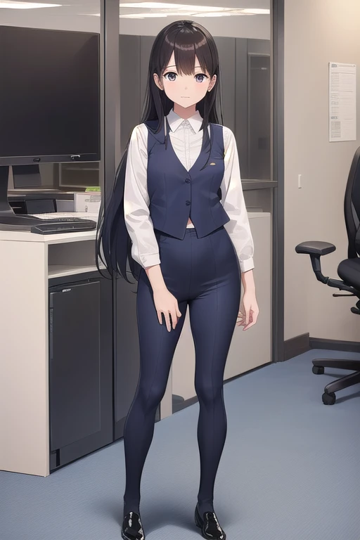 (full-body photos of the same person:1.5)、(plain navy blue latex vest:1.2)、(ラテックスの紺色の膝下丈くらいのoffice worker uniformのペンシルスカート:1.4)、...