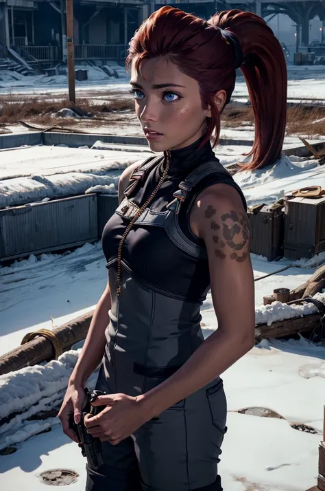 
iliaamitola, ilia amitola, long hair, blue eyes, brown hair, ponytail, dark skin, dark-skinned female, BREAK bare shoulders, bodysuit, BREAK standing inside ruins of empty stadium, rubble, cracked ground, stream, snow-covered stadium, post-apocalypse, dys...