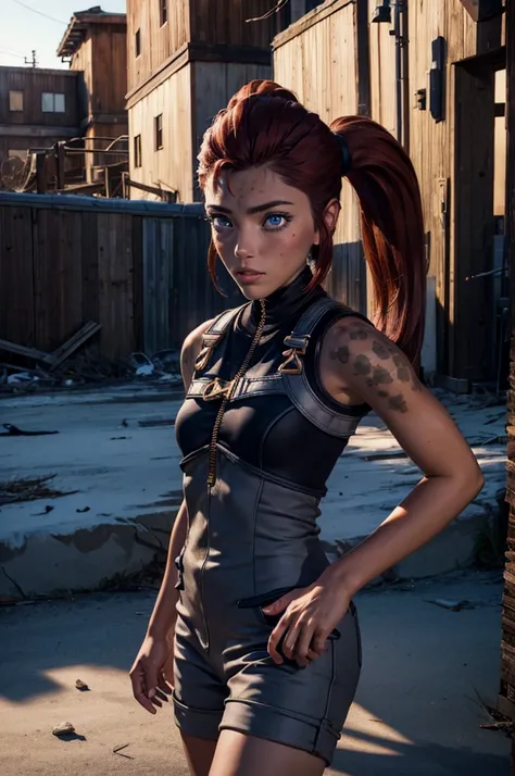 
iliaamitola, ilia amitola, long hair, blue eyes, brown hair, ponytail, dark skin, dark-skinned female, BREAK bare shoulders, bodysuit, BREAK standing inside ruins of empty stadium, rubble, cracked ground, stream, snow-covered stadium, post-apocalypse, dys...