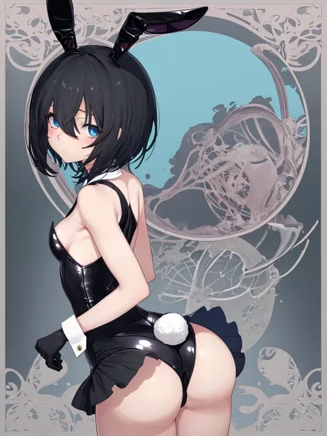 1 Anime Girl, alone, Anatomically correct, Black Short Hair, Beautiful Blue Eyes, small , small waist, Wide Hips, juicy texpensives, Juicy ass,break, Bunny girl, Bunny ears, Rabbit&#39;s Tail, (Frilled leotard: 1.3), wrist_cuffs, bow tie, Fishnet tights, e...