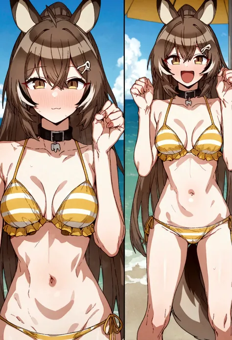 nanashi_mumei, Artist, erere, hibiki_(blue_archive),  Copyrights, idolmaster, idolmaster_shiny_colors, Character, General, 1girl, brown_hair, blunt_bangs, blush, medium_breasts, breasts, smile, brown_eyes, censored, striped bikini, yellow_bikini, frilled_b...