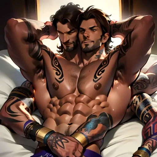 (2heads), (four arms) one 28 year old man with handsome physique, brown hair, stubble,, suggestive pose in bed, tattoos