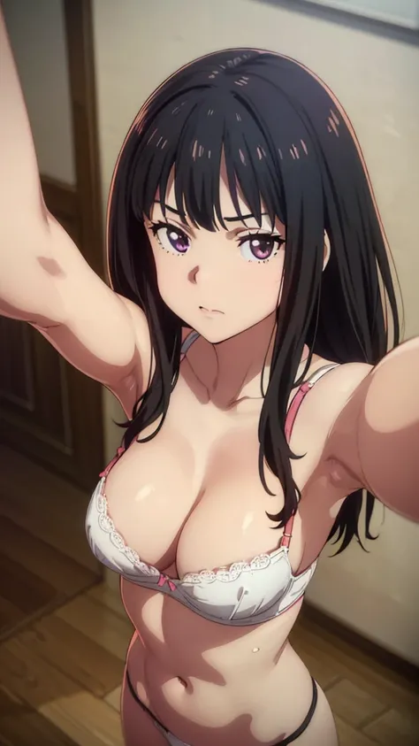 nsfw, (wearing Bra top, panties:1.4),bra top:red, (selfie shot:2), (Close Up: chest:1.5),(from above:1.5),(flat chest:1.3), Top quality, 1 beautiful Japanese woman, teen,high school student,(18 years old),(black hair:1.2), Ultra-realistic capture, Highly d...