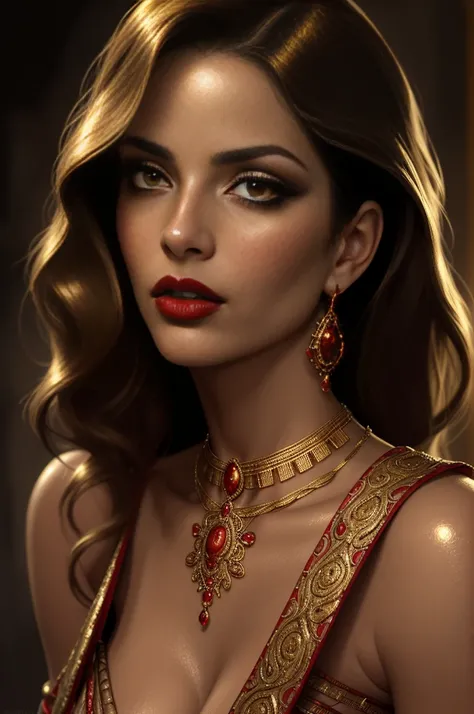 photorealistic portrait of a sensual, alluring woman, detailed face and eyes, full red lips, beautiful long eyelashes, glowing skin, intense gaze, mesmerizing expression, intricate jewelry, ornate golden accessories, luscious textured hair, dramatic chiaro...