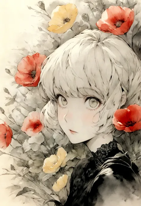 ((materpiece)), ((best quality)), ((high-res)), ((Ink wash)), ((artist)), ((extremly details)), beautiful poppies flowers, pastel colors