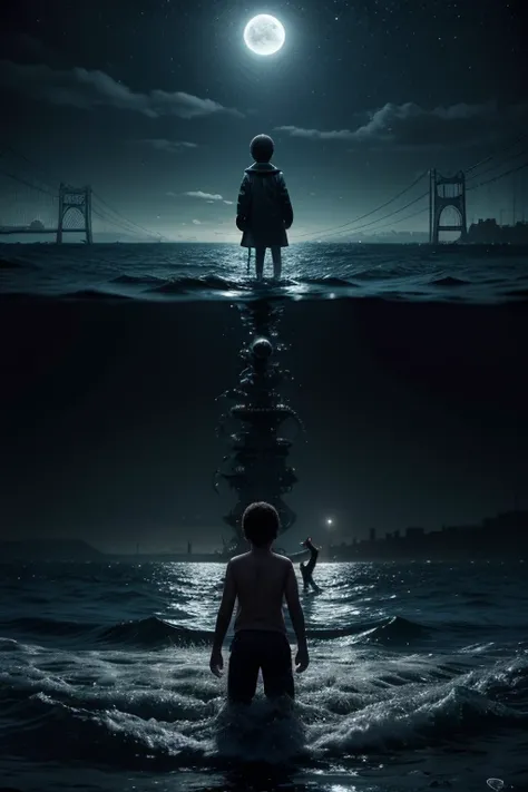 TentacleHorrorAI uma cidade sobre o mar. Um krill negro sobre a cidade. Three children look at the krill