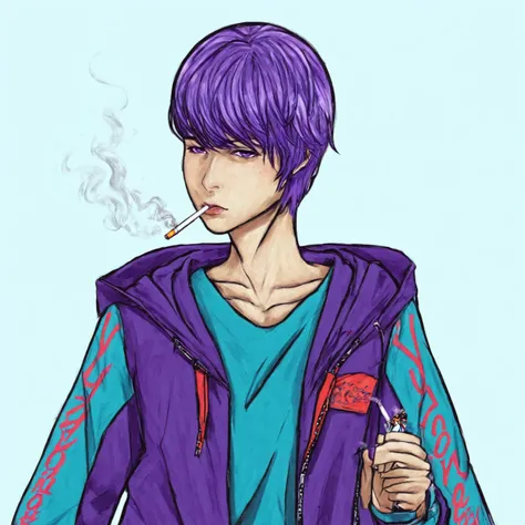 a man wearing a jacket, he is very handsome, looks very cool, his hair is really cool, his face is cool and handsome, his eyes are purple, his hair is purple, smokes a cigarette, his gaze is sharp but handsome and elegant