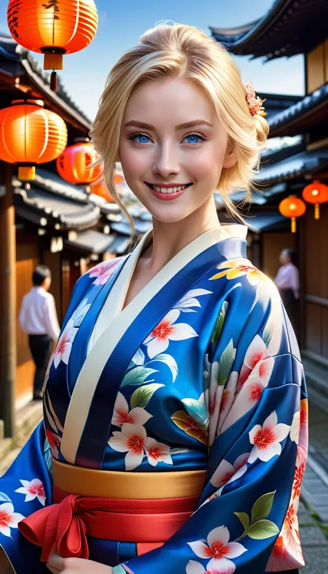 a beautiful young woman with blonde hair and blue eyes, smiling kindly at the audience, wearing a fashionable kimono with cleavage, in a highly realistic, dynamic movement, set against the backdrop of a Kyoto cityscape, masterpiece, best quality, 4k, 8k, h...