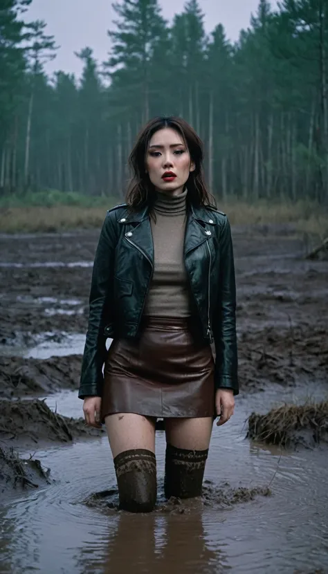 8k, ultra-detailed, social drama, documentary drama photo, grainy film photo, masterpiece,muted colors, muffled light, dusk, rainy, moody, noir, woman drowning in forest mud bog, shame expression, stockings, skirt, light turtleneck, faded leather jacket, b...