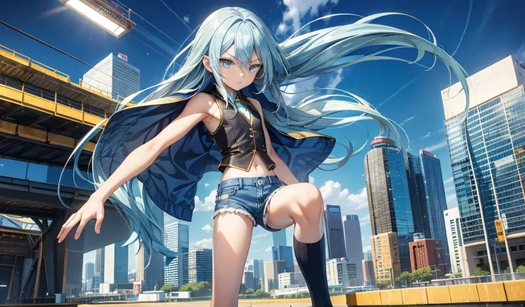 twelve year old boy，Long blue hair，Golden Eyes，flat chest，Very slim figure，sports，Vest，Thin legs，Denim shorts，City