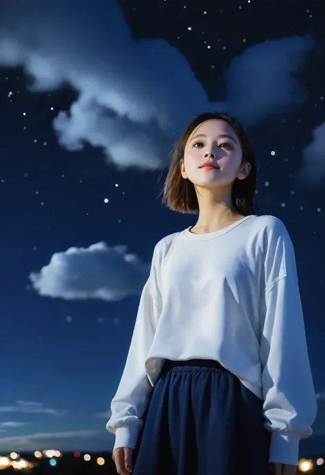 girl in light clothing, style artist oyari ashito, against the night sky, night, portrait, satisfaction, enjoyment, dark exposure, bright colors, the highest quality, the highest detail, first-person view, dark tones, clouds,