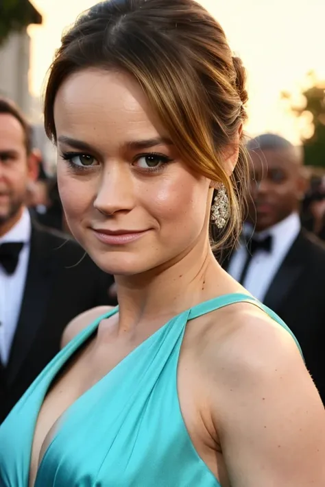 Brie Larson dressed in formal gala clothes and smiling sexy