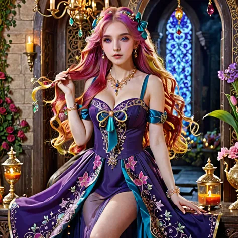 1girl, long hair, bright hair color, seductive eyes, mysterious expression, mature appearance, charming dress, flowing dress, elegant jewelry, intricate decoration, magic symbols, glowing accessories, potions, scrolls, cute accents, bows, ribbons, flowers,