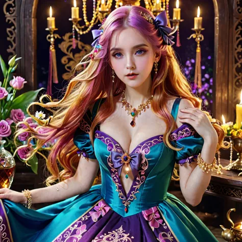 1girl, long hair, bright hair color, seductive eyes, mysterious expression, mature appearance, charming dress, flowing dress, elegant jewelry, intricate decoration, magic symbols, glowing accessories, potions, scrolls, cute accents, bows, ribbons, flowers,