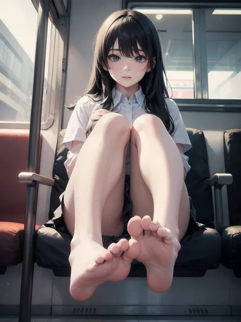 "(masterpiece, High resolution, Ultra High resolution, 4K) Black Hair, 14 year old Japanese girl, Uniform skirt, Accentuate your thighs, White thighs, Soft thighs, Gorgeous thighs, Sitting on a train, Alignment angle, (Angle from below),sitting in a train ...