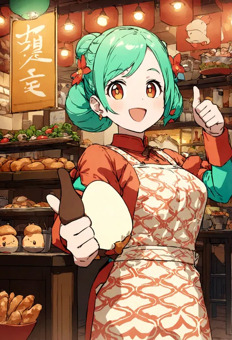 A cute 2D gourmet female cartoon character with big eyes, round face and bright smile, standing in front of the self-service counter, holding cutlery in her left hand and giving a thumbs up with her right hand. She is wearing brightly colored clothes and a...