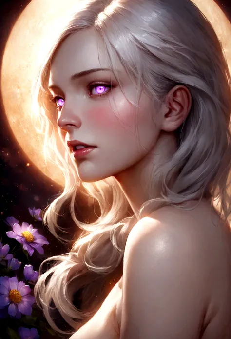 realistic, 1woman, white hair, purple eyes, glowing eyes, nude, parted lips, blush, night, flowers, sun, sunlight,
