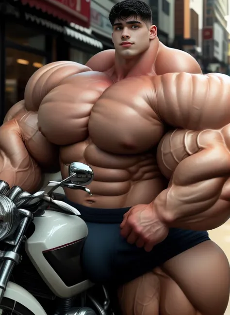 1 masculine boy, short black haircut, ultraheavyweight bodybuilder, riding a motorcycle, at the street, strong body, bulk, naked, wear white triangular underwear, bulge, very big, brutalmass, giant, muscular body, bulk, massive body, large meaty body size,...