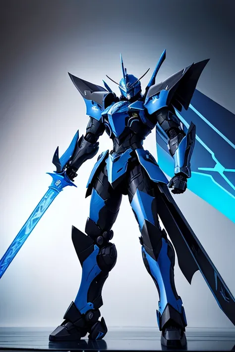 knight.black armor with blue.mecha style.with blue sword.blue rays