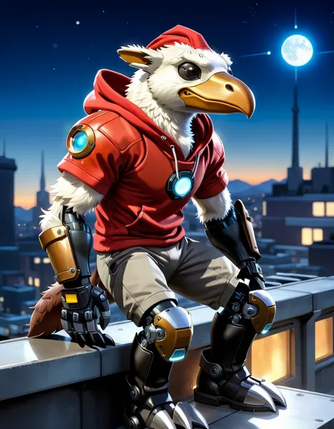 a cyborg anthropomorphic platypus male furry sitting solo on a rooftop, extremely detailed fluffy fur on cheek and animal head, mechanical arms and hands, mechanical legs and boots, wearing a short sleeves red hoodie with proud and serious expression, blac...