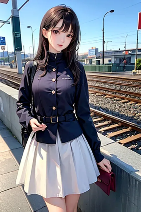 highest quality、masterpiece、high sensitivity、high resolution、one woman、slim body、waiting for the train、at the station platform、w...