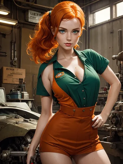 woman with orange hair, green eyes, freckles on her face. dressed as a pin-up type worker in a mechanical workshop