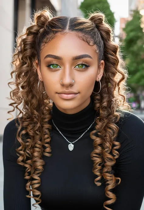 slightly tall young woman, light brown skin, light green eyes. Long brown curly hair with pigtails wearing a black turtleneck dress, necklace, silver nose piercing transparent lipgloss, slim built, very beautiful, late adolescent, 19 years old, full body p...