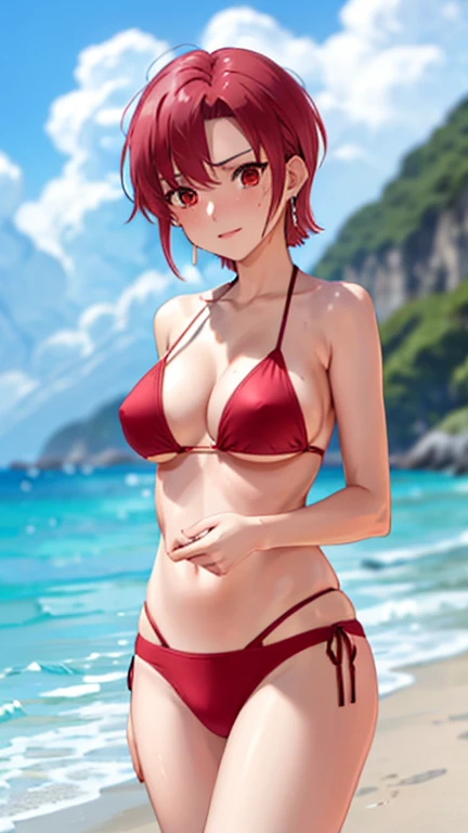 (masterpiece, highest quality:1.2), bazett, FGO, One girl, alone, short hair, Redhead, bangs, Red eyes、blush、Shame face、Normal beautiful breasts,  Earrings, (Bikini Swimwear)、beach