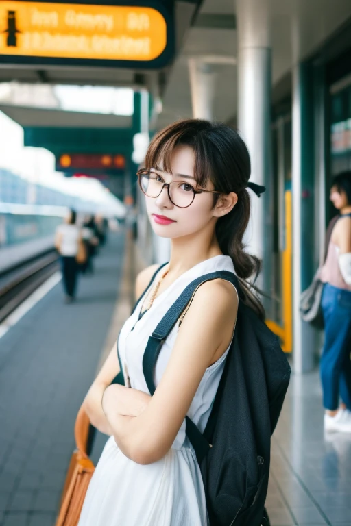 highest quality、masterpiece、high sensitivity、high resolution、one woman、slim body、glasses、waiting for the train、at the station pl...