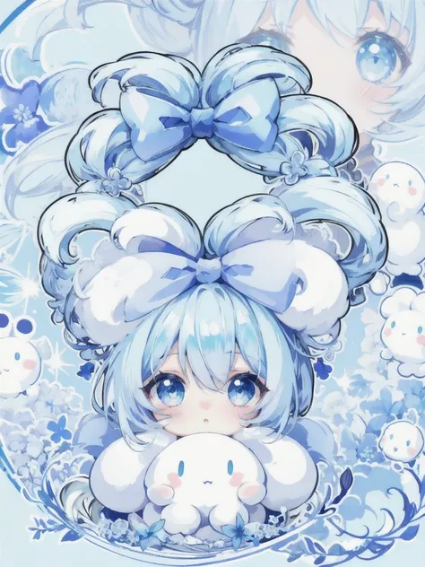 1girl, solo, , blue hair, blue eyes, hair rings, hair bow, blue bow, (cinnamoroll, tied ears),, (((light blue long hair))), long...