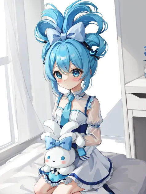 1girl, solo, cinnamiku, blue hair, blue eyes, hair rings, hair bow, blue bow, (cinnamoroll, tied ears),  light blue hair,((blush...