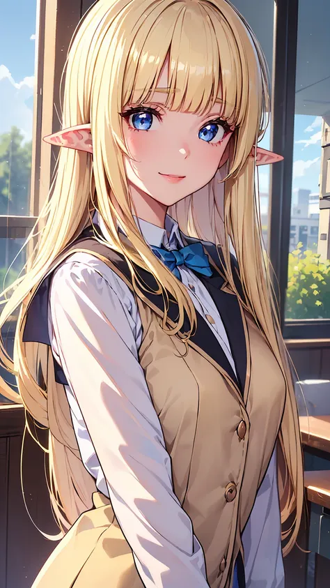 16k、masterpiece、High resolution、High resolution、((student))、((Young Elven Woman))、((Beautiful white skin))、((Beautiful blonde))、((Sparkling blue eyes))、((Pointy Ears))、Smiling Kindly、blush、Pink lip gloss、Shiny skin、((School uniform、Brown blazer))、Clear blu...