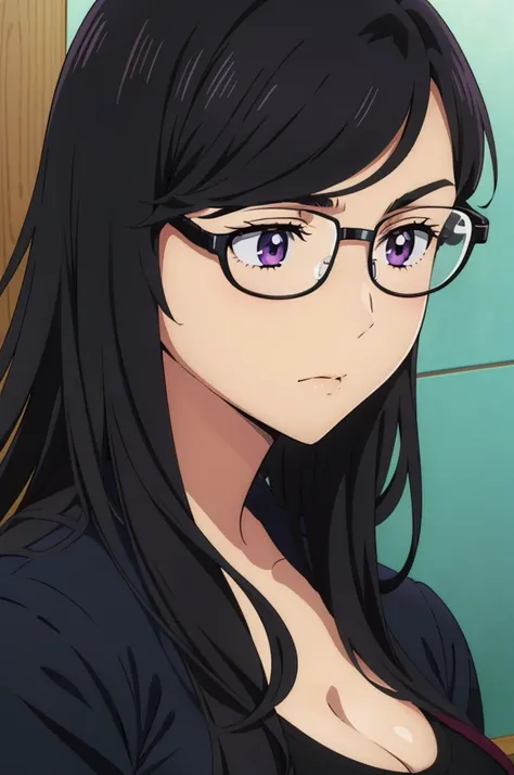 anime cels style, best quality, high resolution,1girl, minakatahizuru, (black hair:1.1), (purple eyes:0.7), (black-framed eyewear:1.3), (huge breasts:1.2), cleavage, black shirt