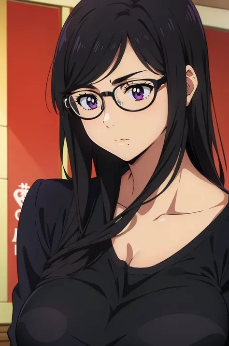 anime cels style, best quality, high resolution,1girl, minakatahizuru, (black hair:1.1), (purple eyes:0.7), (black-framed eyewear:1.3), (huge breasts:1.2), cleavage, black shirt