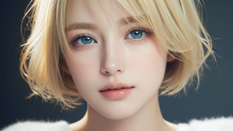 (masterpiece:1.3), (8K, Realistic, Raw photo, highest quality: 1.4), (1 Girl), Beautiful Face, (Realistic Face), (Blonde, Short Bob Hair:1.3), Beautiful Hairstyles, Realistic eyes, Detailed and beautiful eyes, (Realistic Skin), Beautiful Skin, (sweater), D...