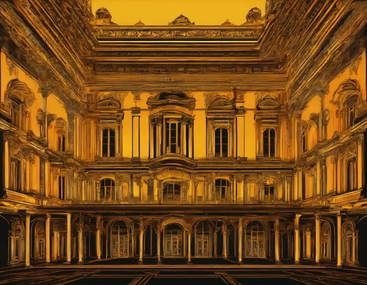 Faced of a big Palace in Neon Classical style, with [yellow] and [orange] neon outlines on classical forms