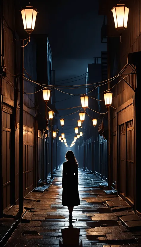 "A young woman, dressed with elegance and dignity, walks alone through the city, her silhouette highlighted against the dark background of the night. The light of the public lanterns reflects on her brown hair, creating a dramatic contrast with the darknes...