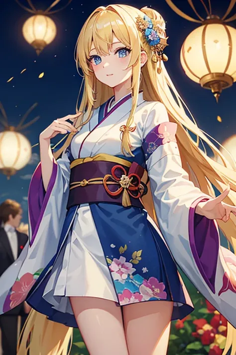 masterpiece, highest quality, High resolution，Follow the prompts、Anime Style、Blonde、Long Hair、blue eyes、Summer festival、firework、kimono