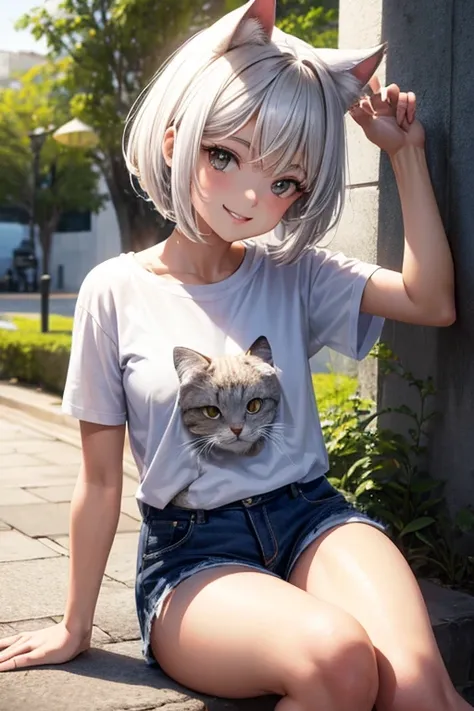 Chica gato,camiseta blanca ajustada,pelo corto risado blanco, cuerpo completo, mirando a la camara, sonriendo, ojos azules