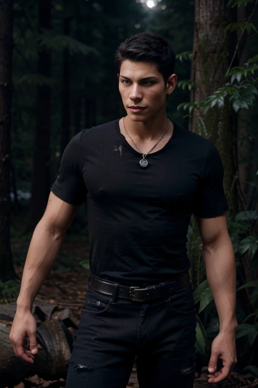 Paul Lahote, Alex Meraz, Teen Wolf, 20 years old, short messy black hair, slim muscular build, black eyes, open black shirt, dark blue jeans, black belt, light brown combat boots, silver moon pendant, black background misty forest