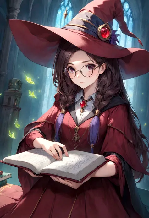 Mujer con sombrero rojo y gafas sosteniendo un libro,cabello plateado,ella usa gafas de harry potter, Maya Ali as d&d sorceress, sosteniendo el libro de hechizos, vestida de bruja, d&d magician, usando un sombrero de mago rojo.