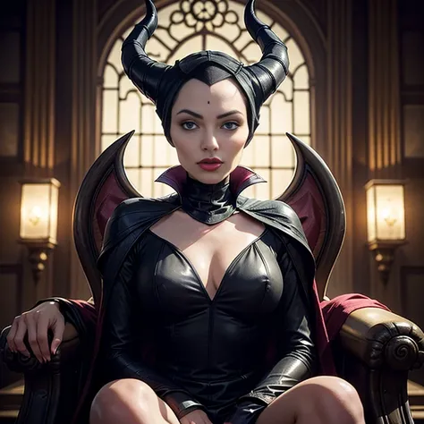 Masterpiece, best quality, detailed face, perfect eyes, Maleficent, black cowl, demon horns, throne behind her, looking at viewer, Sitting on a dark Throne chair. Behind her. In a dark throne room